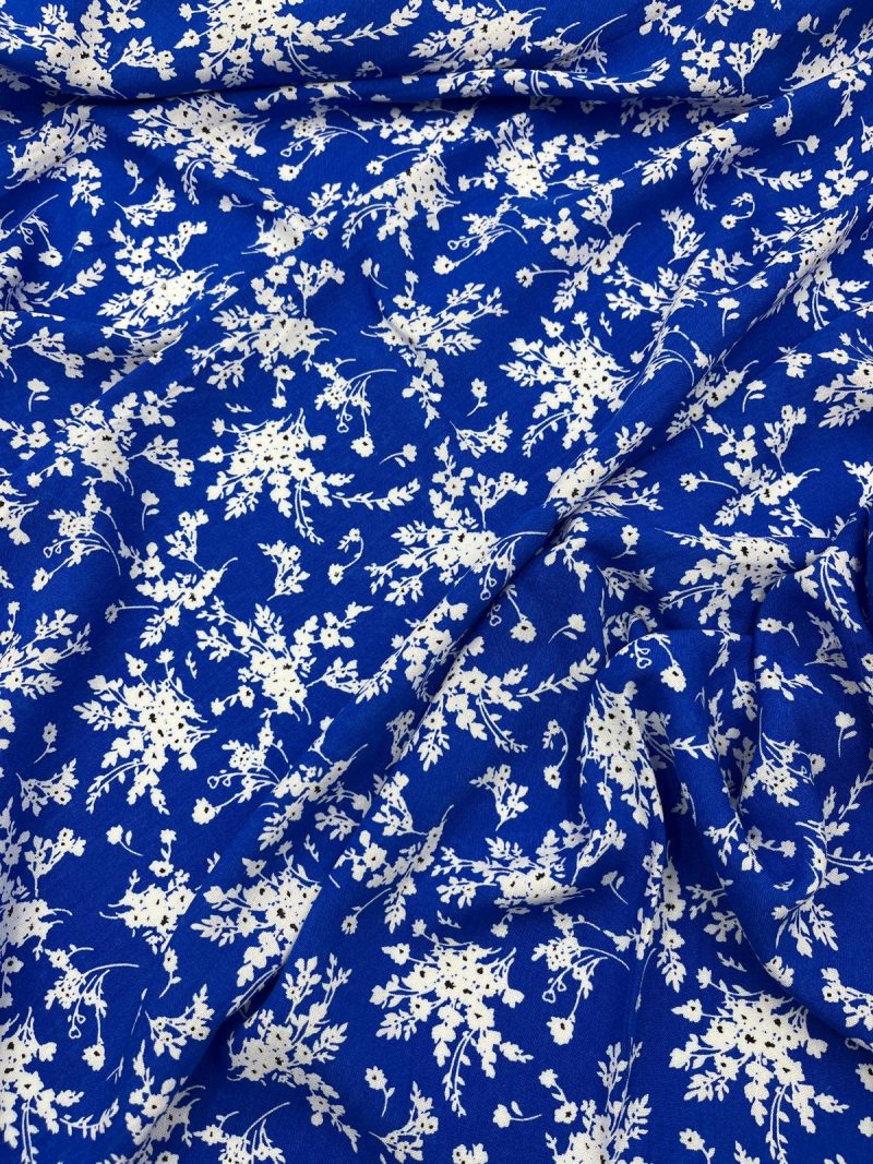 Blue Bougainvillea 100% Cotton Viscose Fabric – Soft Drapey Floral Material for Dresses, Blouses, Skirts & More | 59x39 in (150x100 cm)