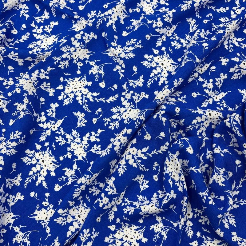 Blue Bougainvillea 100% Cotton Viscose Fabric – Soft Drapey Floral Material for Dresses, Blouses, Skirts & More | 59x39 in (150x100 cm)