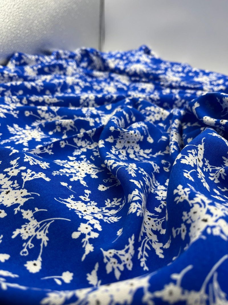 Blue Bougainvillea 100% Cotton Viscose Fabric – Soft Drapey Floral Material for Dresses, Blouses, Skirts & More | 59x39 in (150x100 cm)