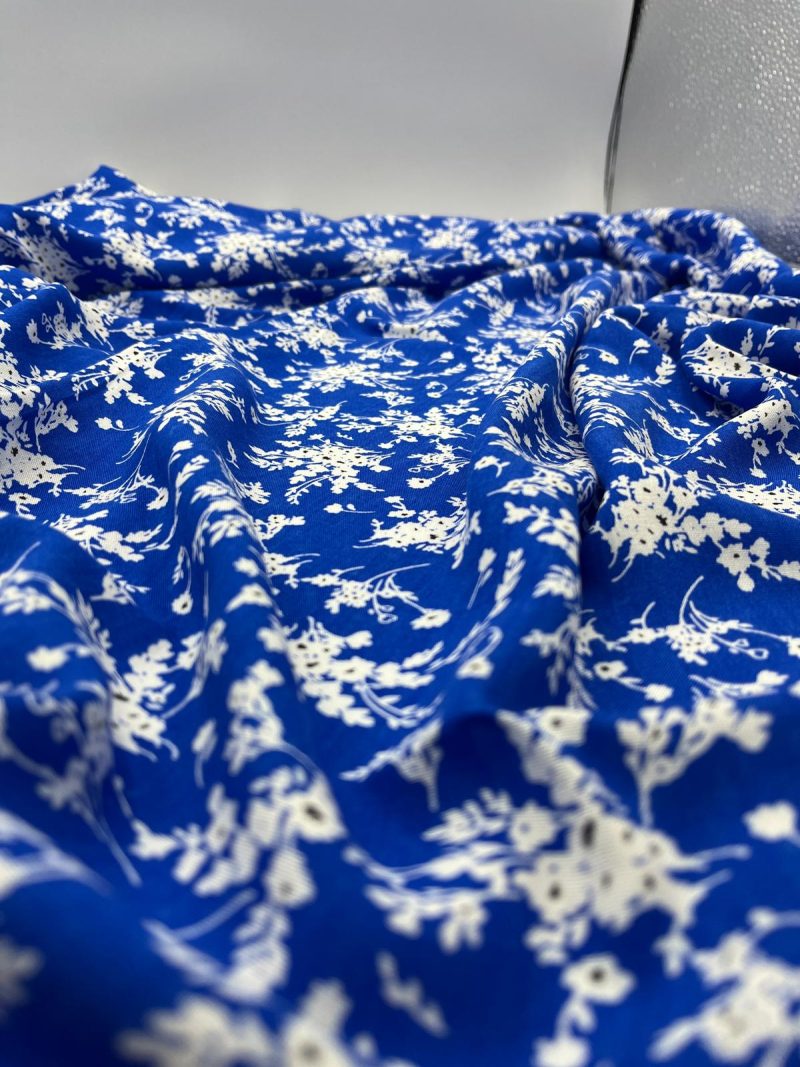 Blue Bougainvillea 100% Cotton Viscose Fabric – Soft Drapey Floral Material for Dresses, Blouses, Skirts & More | 59x39 in (150x100 cm)