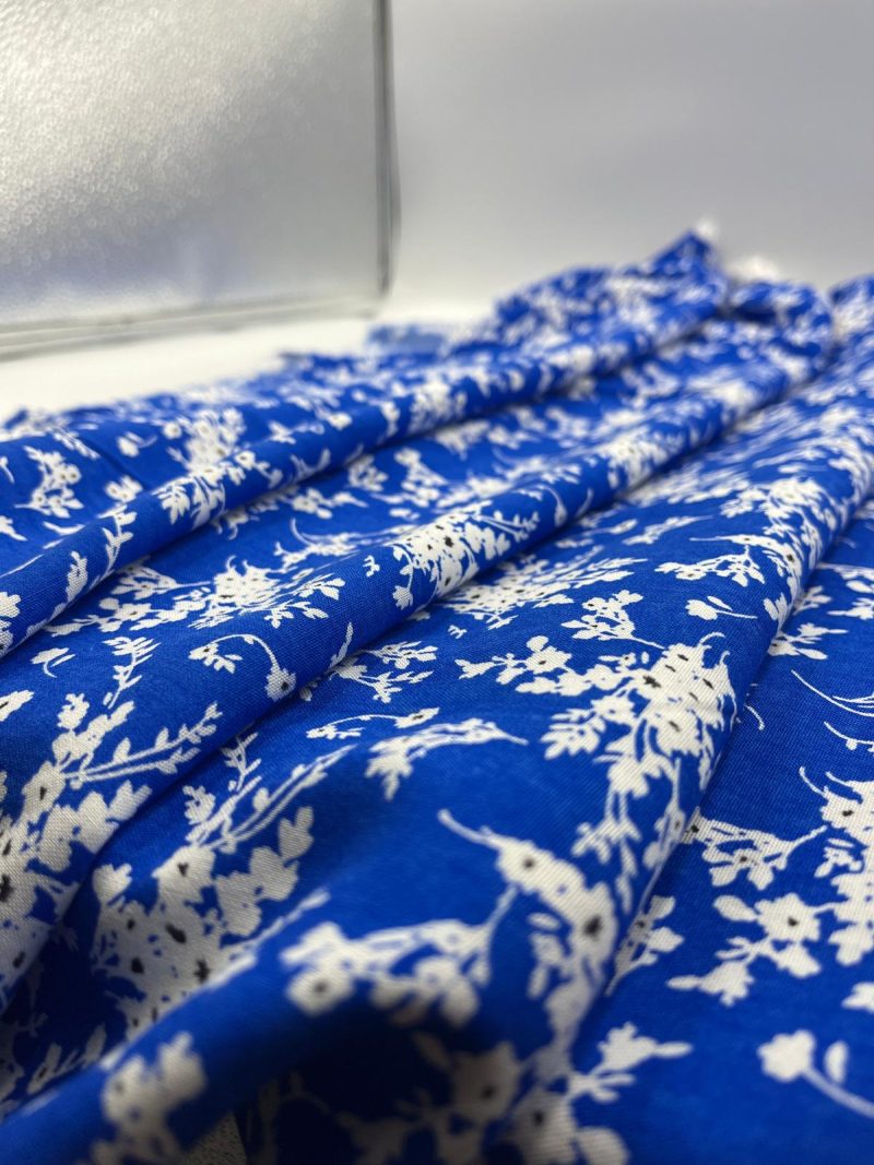 Blue Bougainvillea 100% Cotton Viscose Fabric – Soft Drapey Floral Material for Dresses, Blouses, Skirts & More | 59x39 in (150x100 cm)