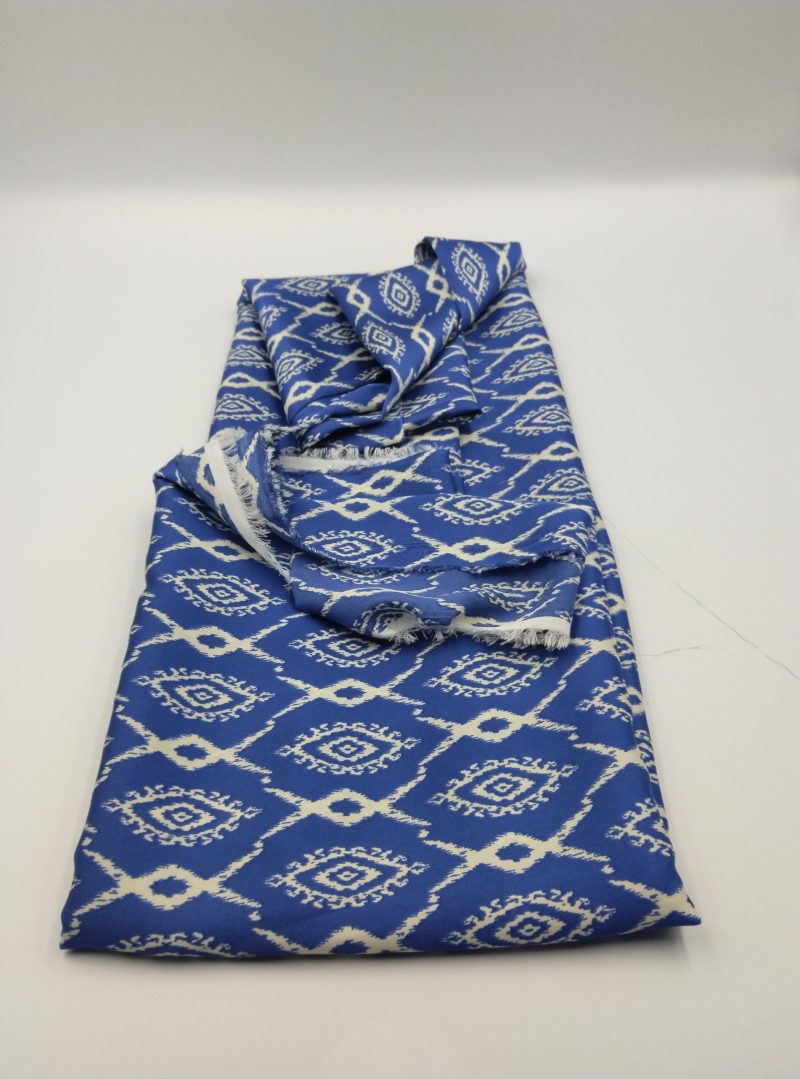 Blue Geometric Print Chiffon Satin Fabric – Lightweight Drapey Silky Material for Dresses, Blouses, Kimonos | 150x100 cm (59x39 in)