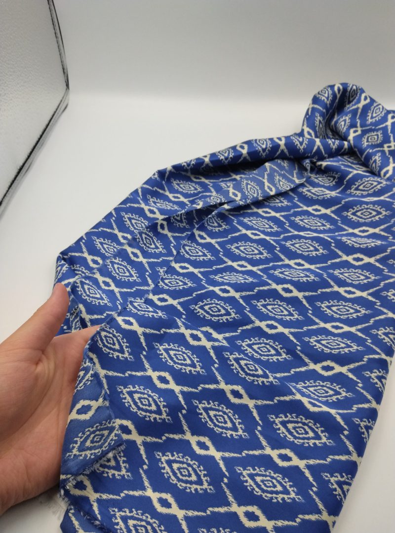 Blue Geometric Print Chiffon Satin Fabric – Lightweight Drapey Silky Material for Dresses, Blouses, Kimonos | 150x100 cm (59x39 in)