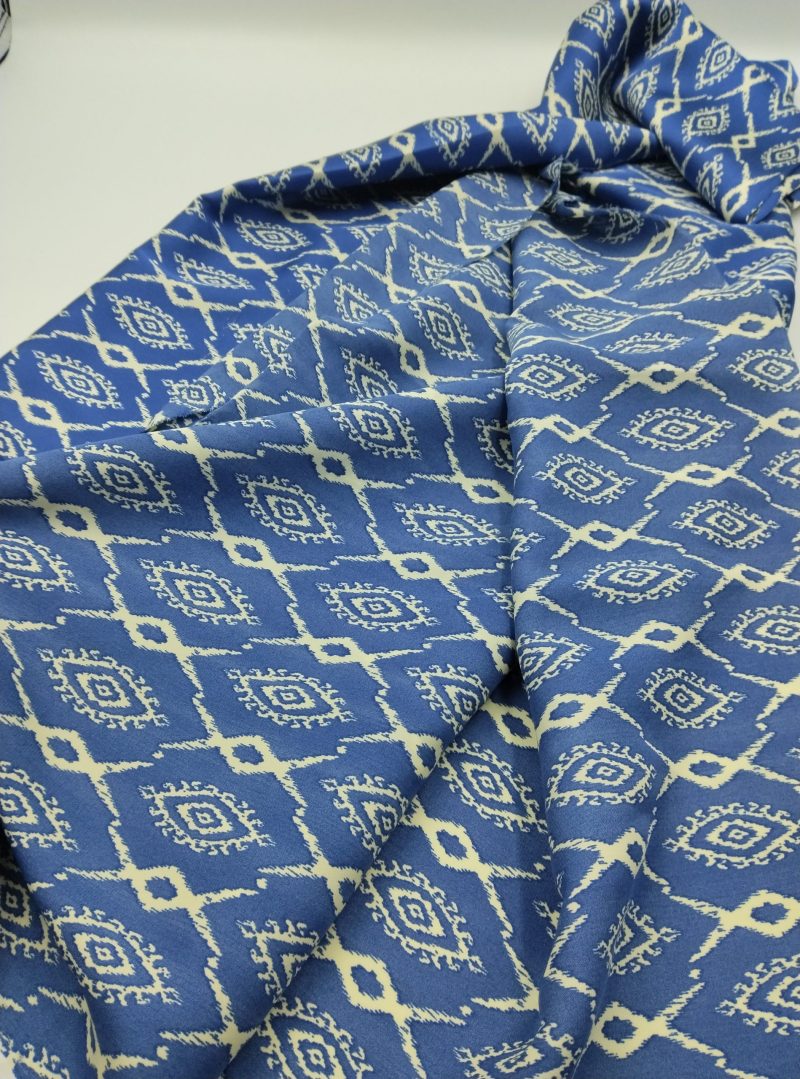 Blue Geometric Print Chiffon Satin Fabric – Lightweight Drapey Silky Material for Dresses, Blouses, Kimonos | 150x100 cm (59x39 in)