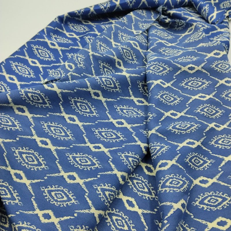 Blue Geometric Print Chiffon Satin Fabric – Lightweight Drapey Silky Material for Dresses, Blouses, Kimonos | 150x100 cm (59x39 in)