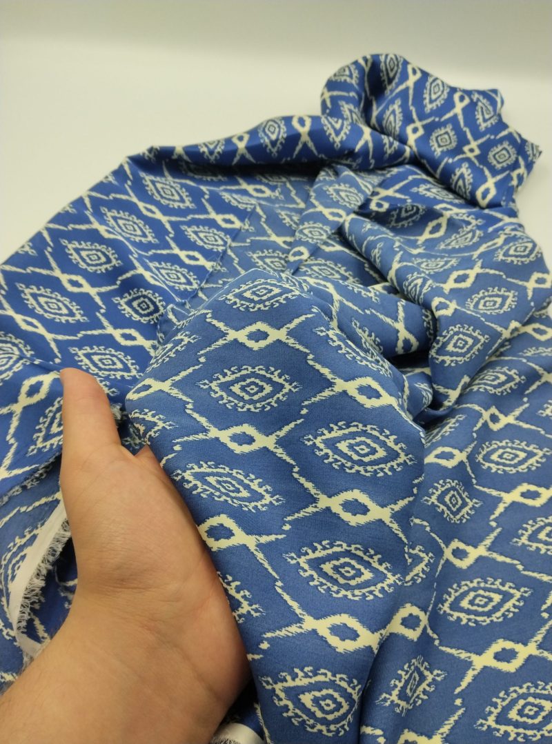 Blue Geometric Print Chiffon Satin Fabric – Lightweight Drapey Silky Material for Dresses, Blouses, Kimonos | 150x100 cm (59x39 in)