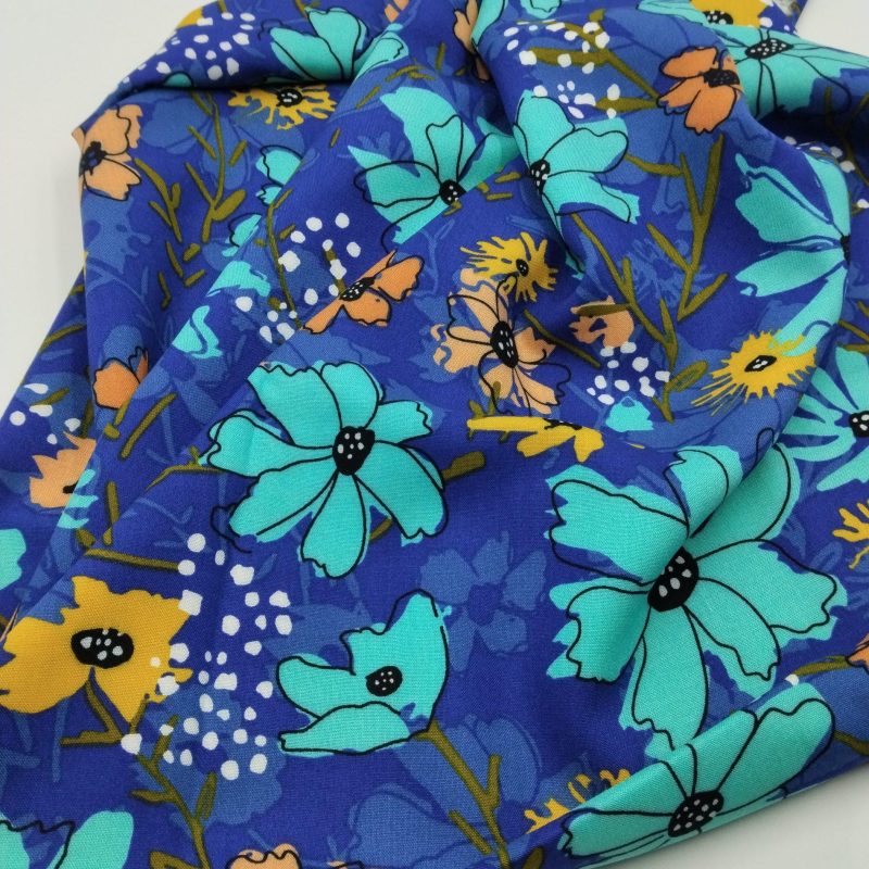 Blue Floral Viscose Cotton Fabric for Dresses, Dress Fabric for Blouses, Blouse Fabric for Skirts, Skirt Fabric Drapey Soft (150x100 cm)