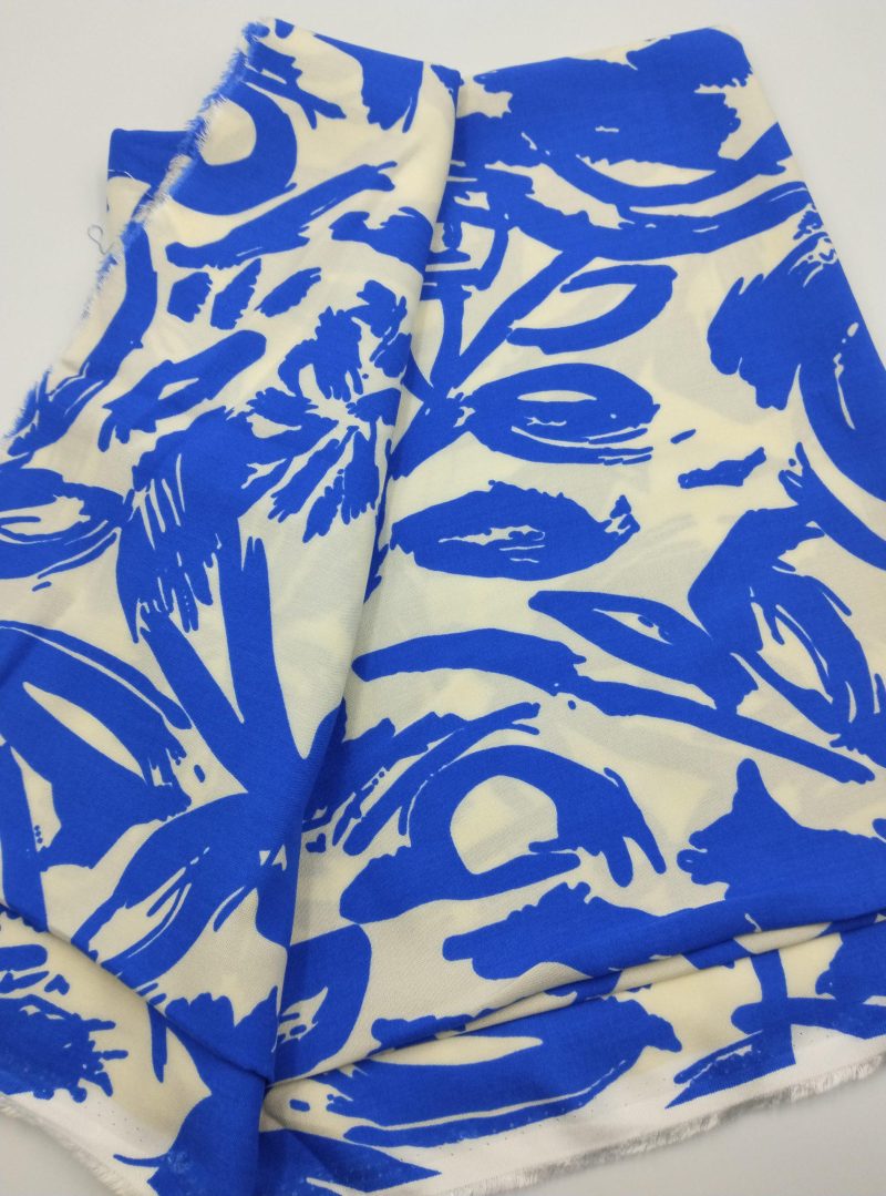 Blue White Abstract Viscose Cotton Fabric for Dresses, Dress Fabric for Blouses, Blouse Fabric for Skirts, Skirt Fabric Drapey Soft (150x100