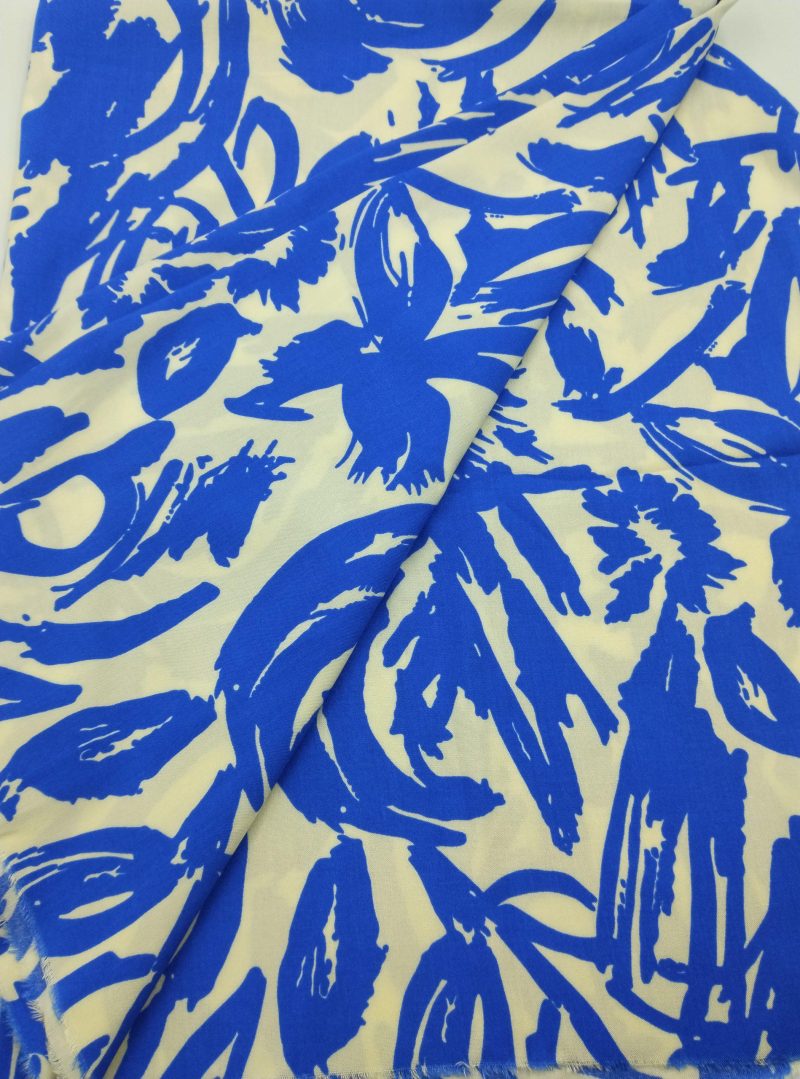 Blue White Abstract Viscose Cotton Fabric for Dresses, Dress Fabric for Blouses, Blouse Fabric for Skirts, Skirt Fabric Drapey Soft (150x100