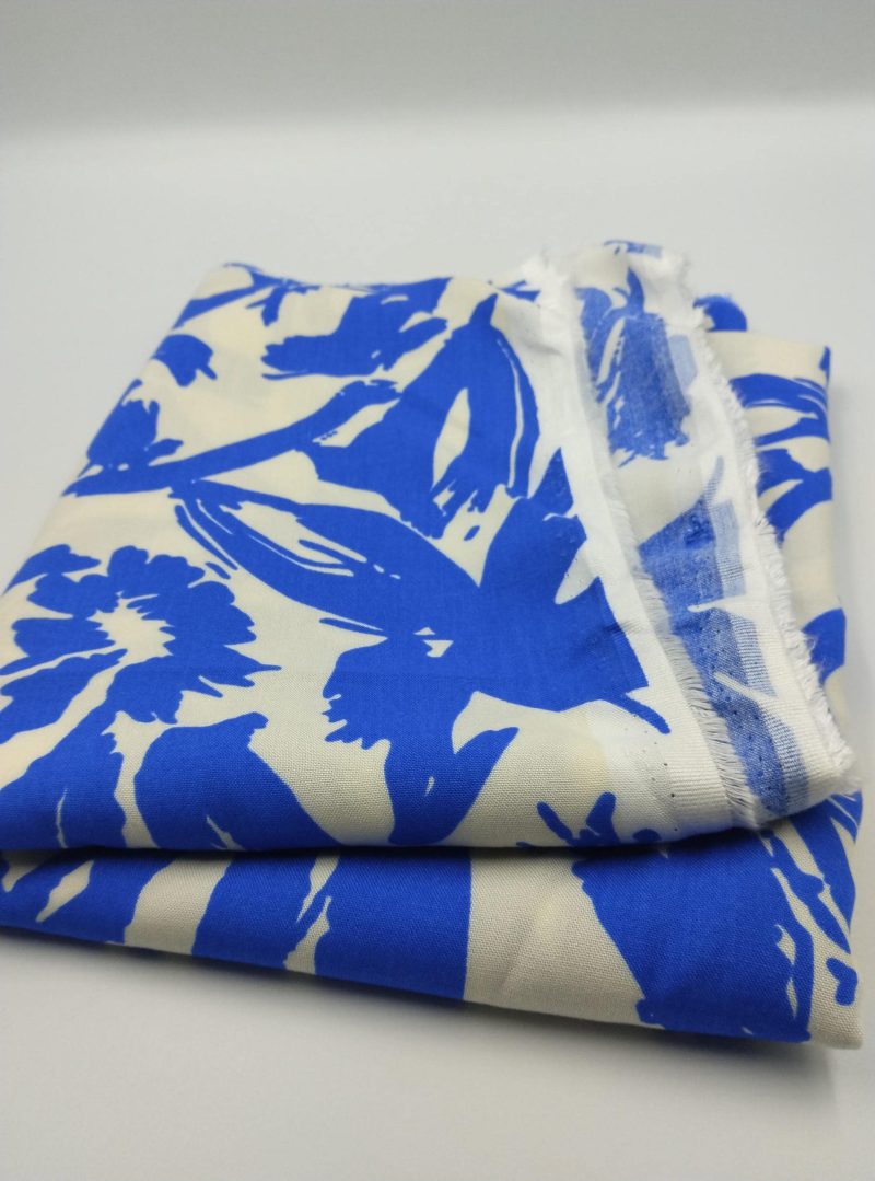 Blue White Abstract Viscose Cotton Fabric for Dresses, Dress Fabric for Blouses, Blouse Fabric for Skirts, Skirt Fabric Drapey Soft (150x100