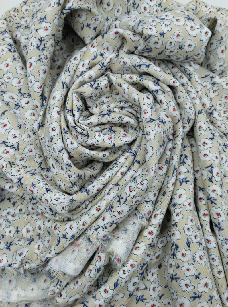 Beige Floral Viscose Cotton Fabric for Dresses, Dress Fabric for Blouses, Blouse Fabric for Skirts, Skirt Fabric Drapey Soft (150x100 cm)