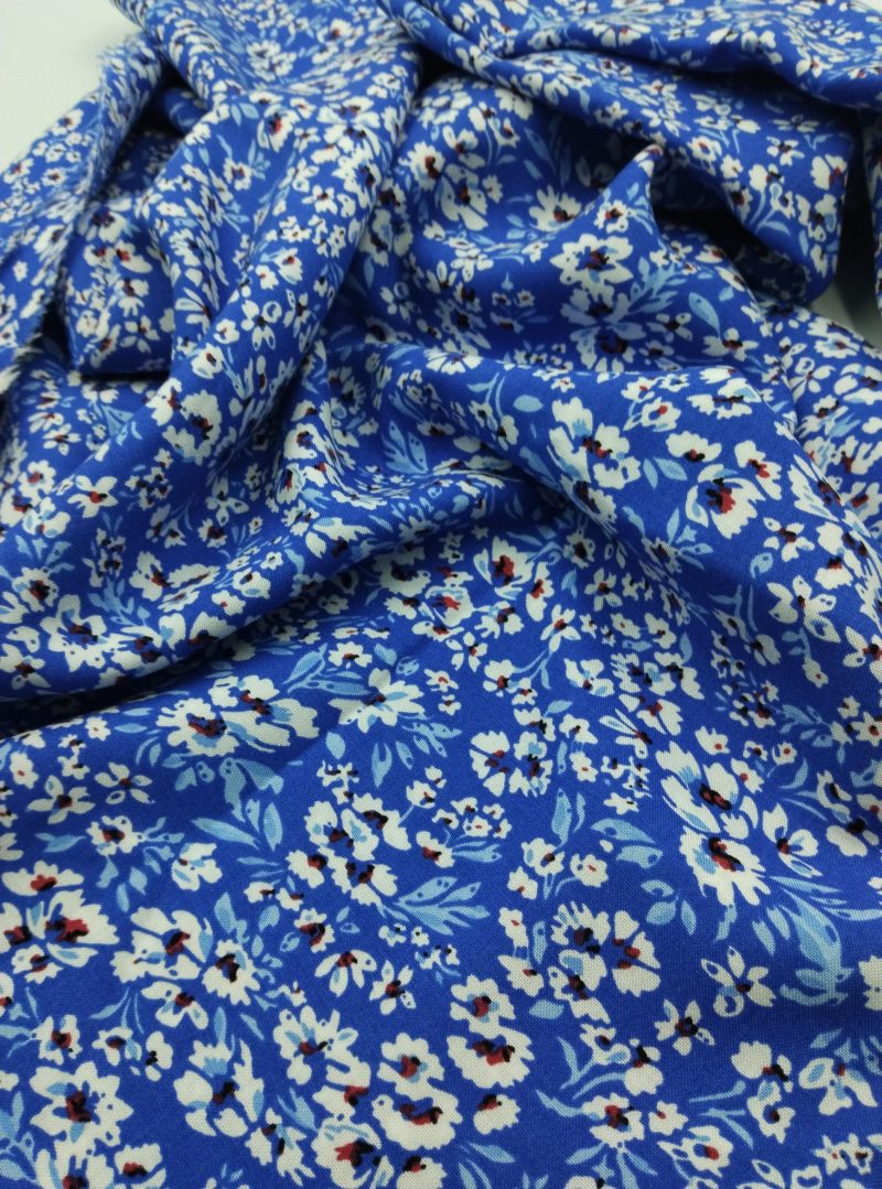 Blue Floral Viscose Cotton Fabric for Dresses, Dress Fabric for Blouses, Blouse Fabric for Skirts, Skirt Fabric Drapey Soft (150x100 cm)