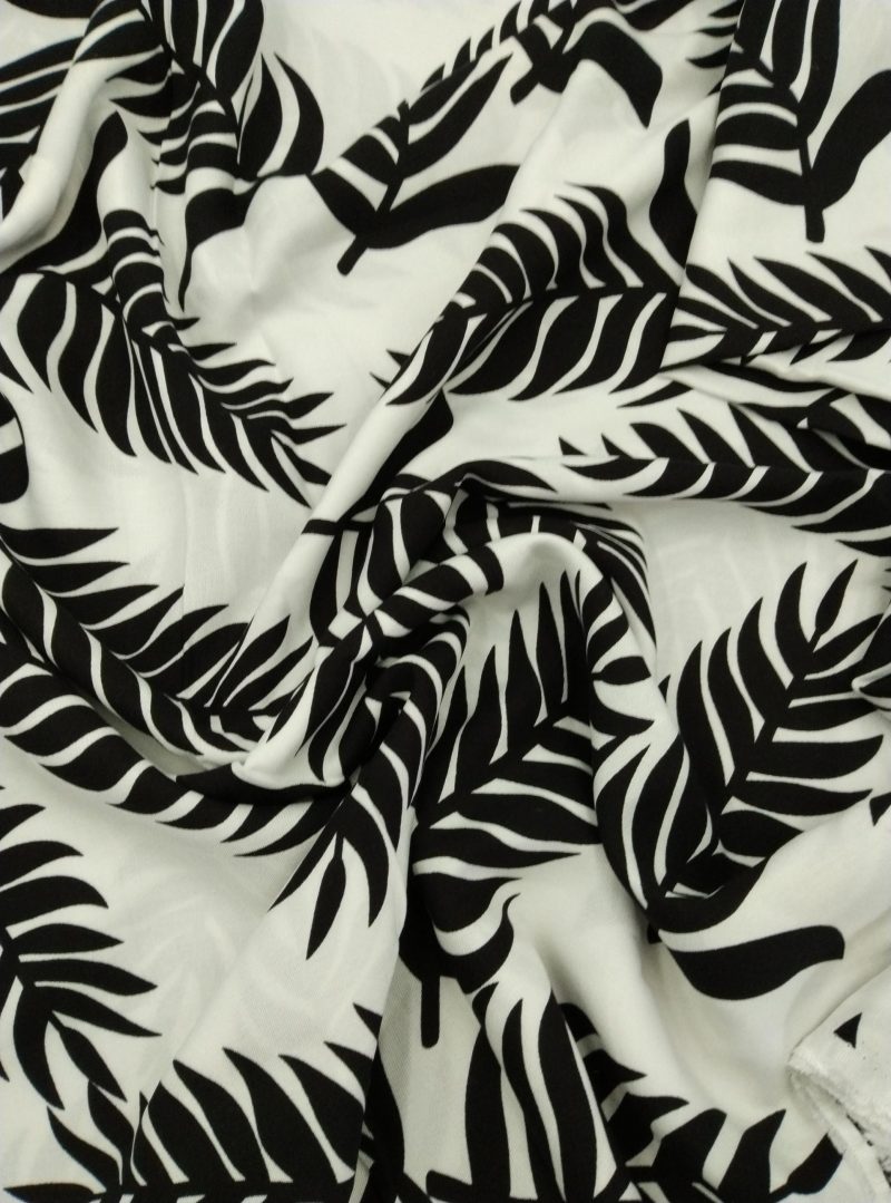 Black White Leaf Viscose Fabric for Dresses, Shirtmaking Fabric, Blouse Skirt Material, Drapey Cotton Viscose Textile (150x100 cm)