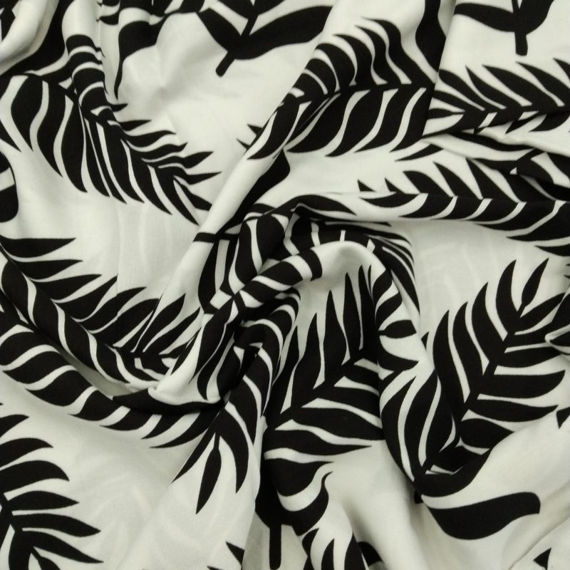 Black White Leaf Viscose Fabric for Dresses, Shirtmaking Fabric, Blouse Skirt Material, Drapey Cotton Viscose Textile (150x100 cm)