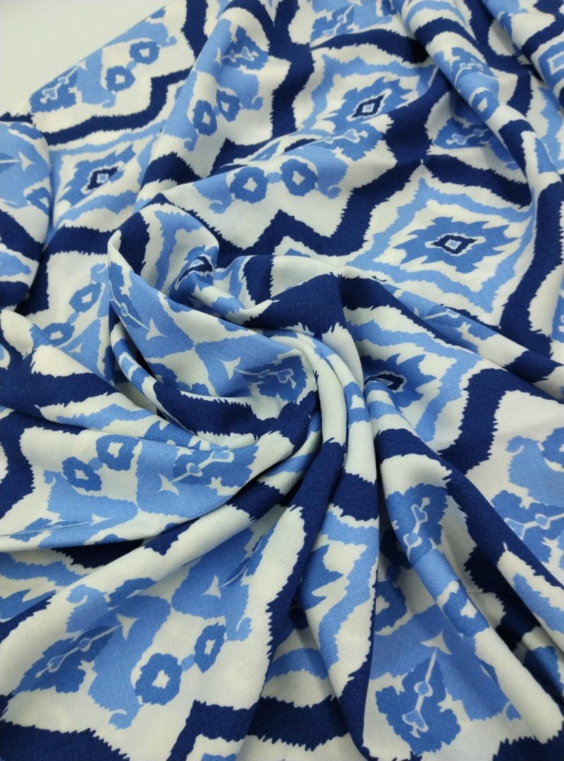 Blue Geometric Cotton Viscose Fabric – Soft Lightweight Drapey Fabric for Dresses, Blouses, Tunics & Pants | 150x100cm