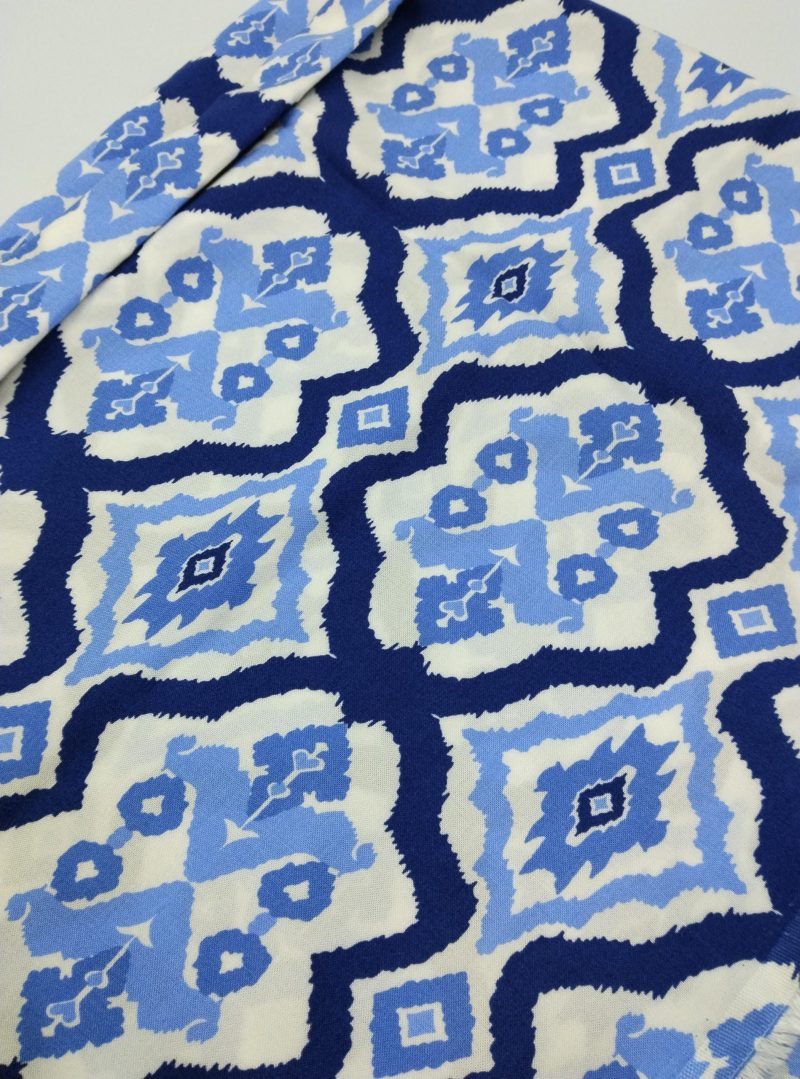 Blue Geometric Cotton Viscose Fabric – Soft Lightweight Drapey Fabric for Dresses, Blouses, Tunics & Pants | 150x100cm