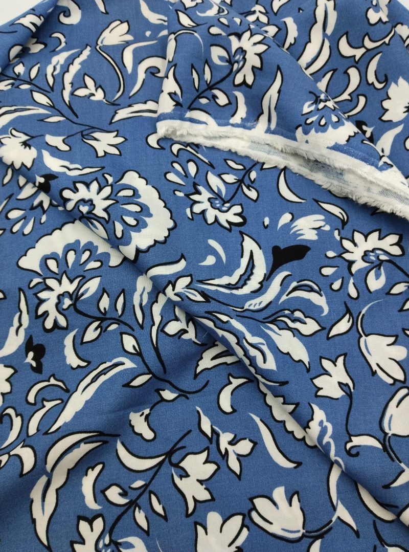 Blue Floral Viscose Cotton Fabric for Dresses, Dress Fabric for Blouses, Blouse Fabric for Skirts, Skirt Fabric Drapey Soft (150x100 cm)