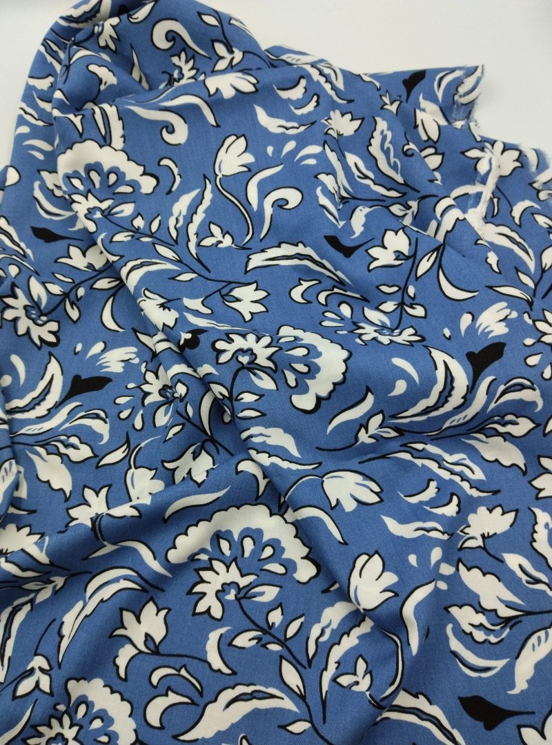 Blue Floral Viscose Cotton Fabric for Dresses, Dress Fabric for Blouses, Blouse Fabric for Skirts, Skirt Fabric Drapey Soft (150x100 cm)