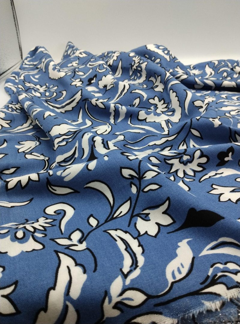 Blue Floral Viscose Cotton Fabric for Dresses, Dress Fabric for Blouses, Blouse Fabric for Skirts, Skirt Fabric Drapey Soft (150x100 cm)