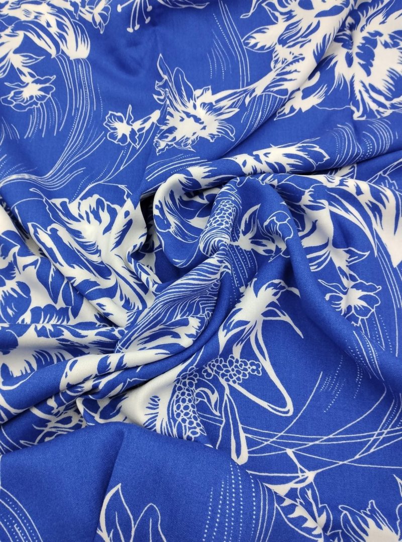 Blue White Floral Cotton Viscose Fabric – Lightweight Soft Material by Yard for Dresses, Blouses, Kimonos | 150x100 cm