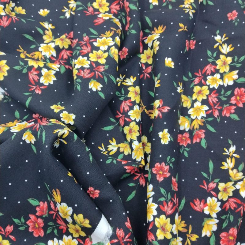 Black Floral Viscose Cotton Fabric for Dresses, Dress Fabric for Blouses, Blouse Fabric for Skirts, Skirt Fabric Drapey Soft (150x100 cm)