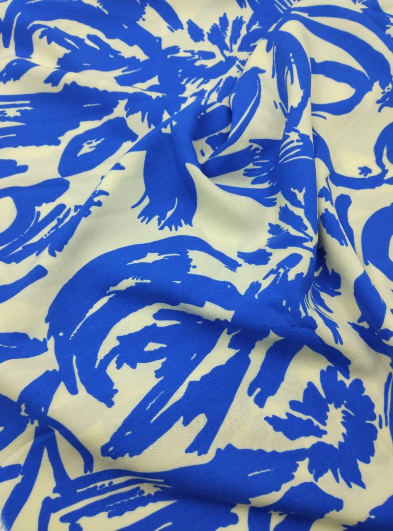 Blue White Abstract Viscose Cotton Fabric for Dresses, Dress Fabric for Blouses, Blouse Fabric for Skirts, Skirt Fabric Drapey Soft (150x100