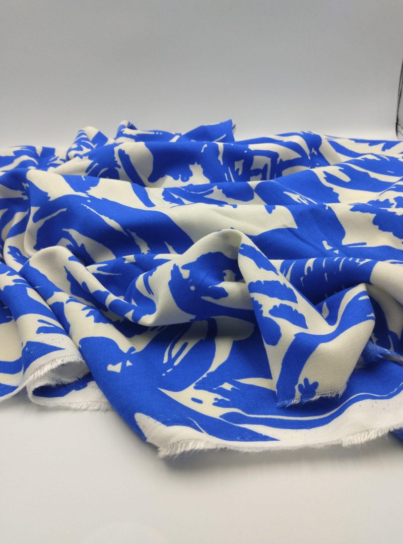 Blue White Abstract Viscose Cotton Fabric for Dresses, Dress Fabric for Blouses, Blouse Fabric for Skirts, Skirt Fabric Drapey Soft (150x100