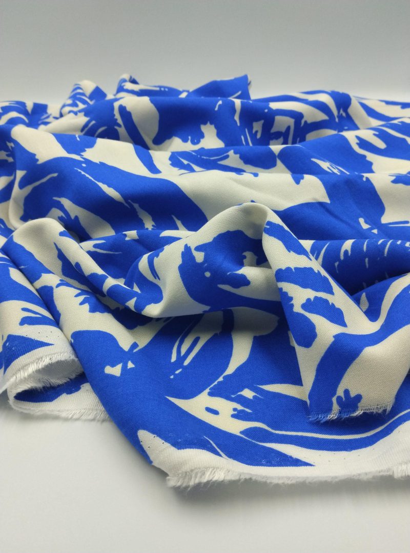 Blue White Abstract Viscose Cotton Fabric for Dresses, Dress Fabric for Blouses, Blouse Fabric for Skirts, Skirt Fabric Drapey Soft (150x100