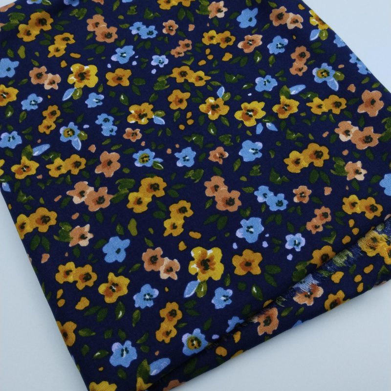 Navy Floral Cotton Viscose Fabric – Lightweight Soft Material for Dresses, Blouses, Skirts & Summer Sewing | 150 cm Width