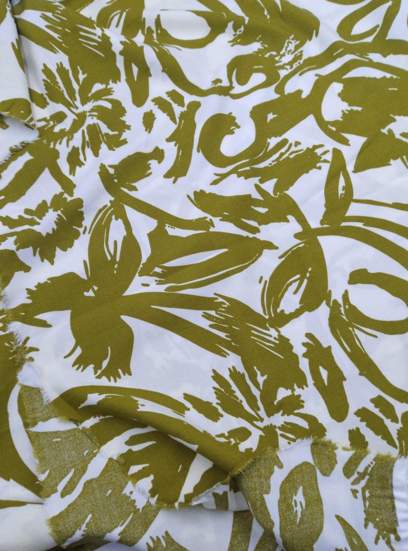 Olive Cream Abstract Viscose Cotton Fabric for Dresses, Dress Fabric for Blouses, Blouse Fabric for Skirts, Skirt Fabric Drapey Soft