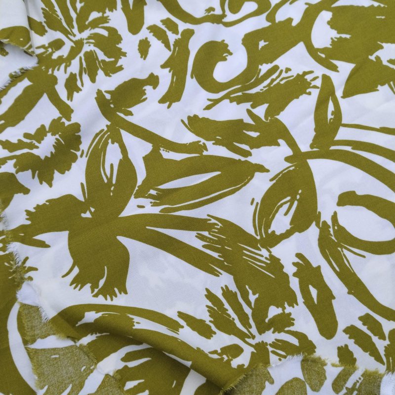Olive Cream Abstract Viscose Cotton Fabric for Dresses, Dress Fabric for Blouses, Blouse Fabric for Skirts, Skirt Fabric Drapey Soft