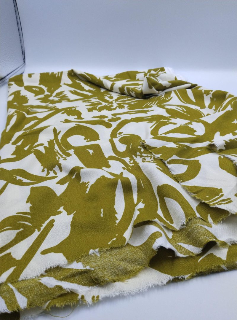 Olive Cream Abstract Viscose Cotton Fabric for Dresses, Dress Fabric for Blouses, Blouse Fabric for Skirts, Skirt Fabric Drapey Soft