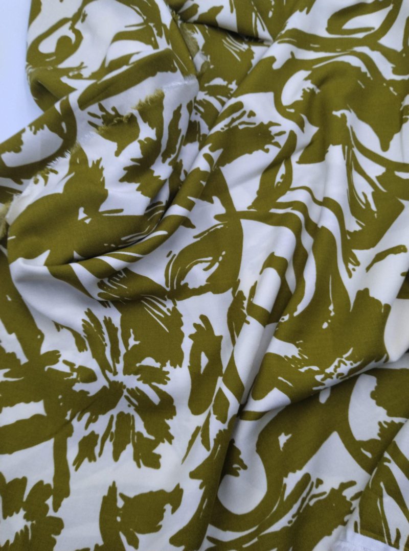 Olive Cream Abstract Viscose Cotton Fabric for Dresses, Dress Fabric for Blouses, Blouse Fabric for Skirts, Skirt Fabric Drapey Soft