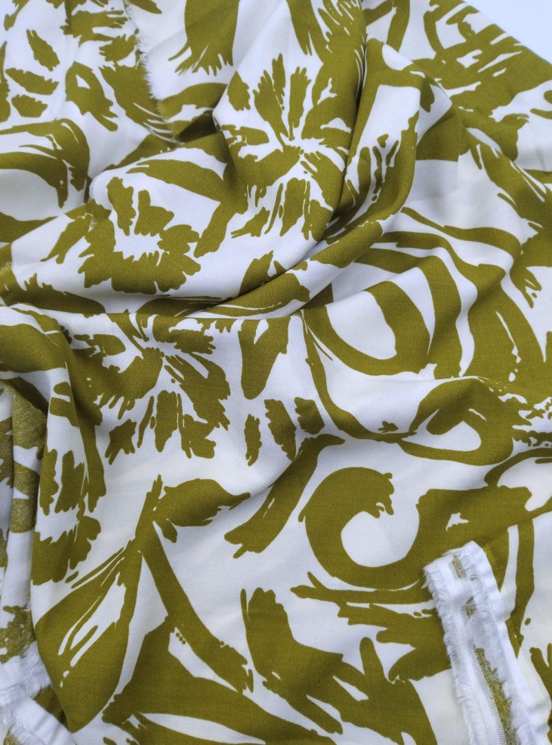 Olive Cream Abstract Viscose Cotton Fabric for Dresses, Dress Fabric for Blouses, Blouse Fabric for Skirts, Skirt Fabric Drapey Soft