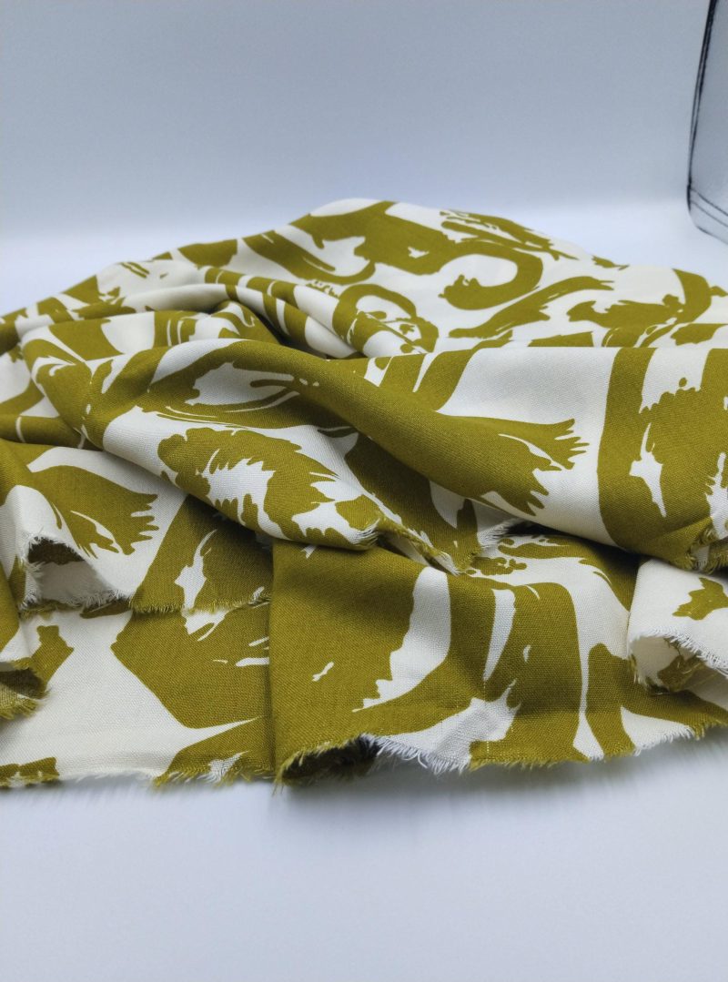 Olive Cream Abstract Viscose Cotton Fabric for Dresses, Dress Fabric for Blouses, Blouse Fabric for Skirts, Skirt Fabric Drapey Soft