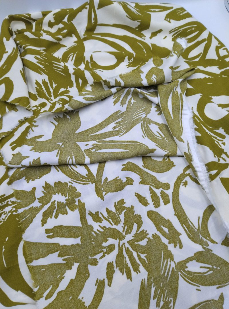 Olive Cream Abstract Viscose Cotton Fabric for Dresses, Dress Fabric for Blouses, Blouse Fabric for Skirts, Skirt Fabric Drapey Soft