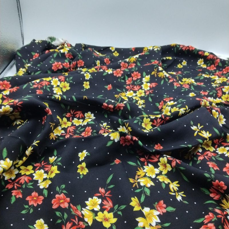 Black Floral Cotton Viscose Fabric by the Yard – Soft Lightweight Material for Dresses, Blouses, Skirts & Sewing | 59x39 in (150x100 cm)