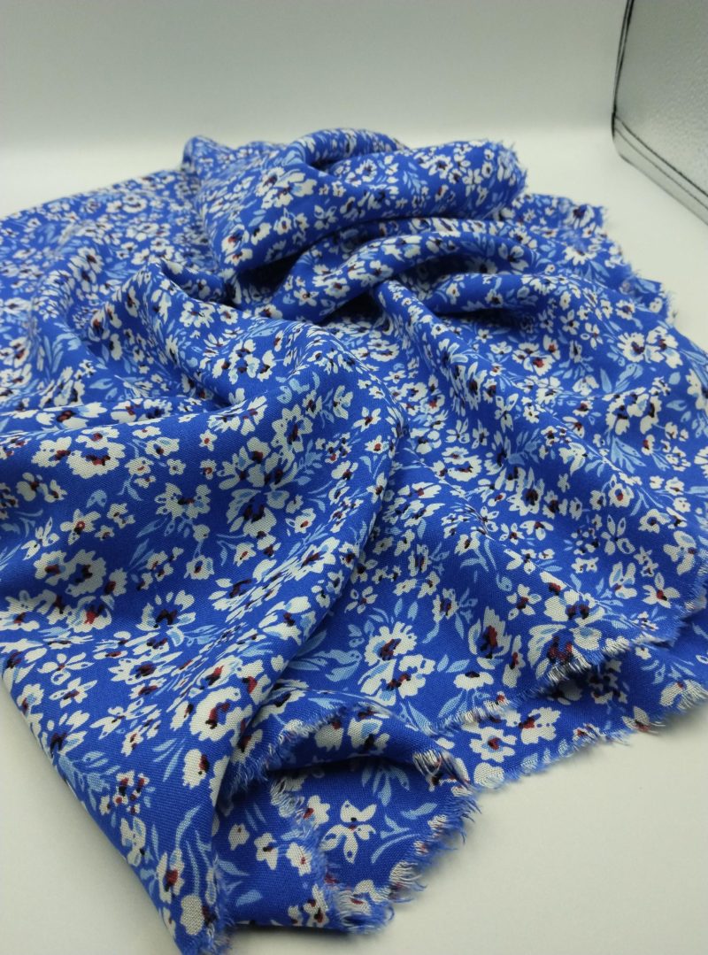 Blue Floral Viscose Cotton Fabric for Dresses, Dress Fabric for Blouses, Blouse Fabric for Skirts, Skirt Fabric Drapey Soft (150x100 cm)