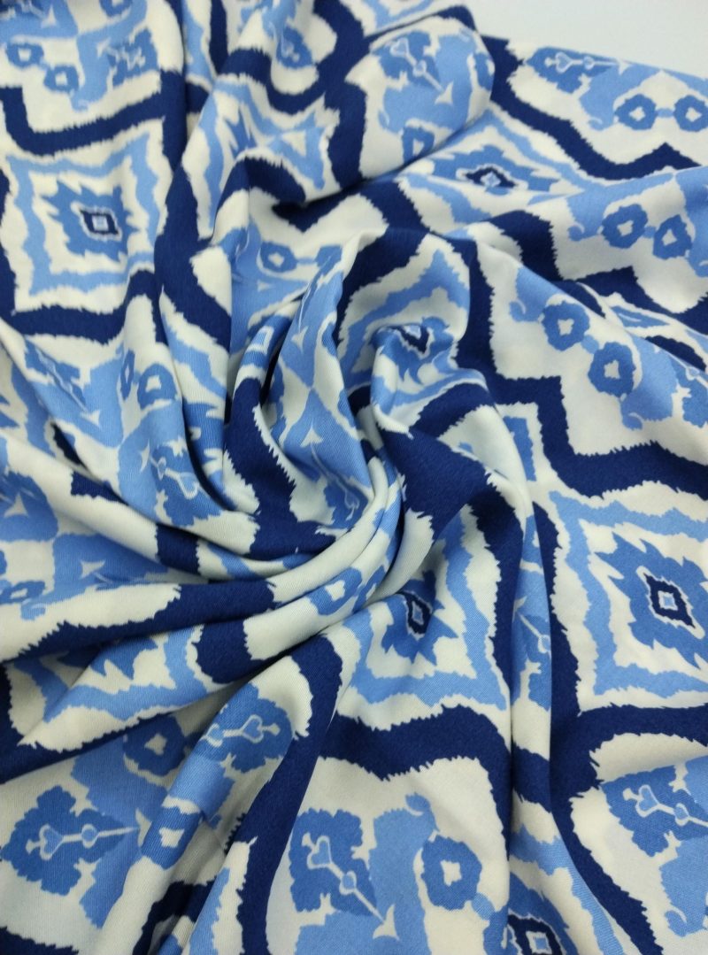 Blue Geometric Cotton Viscose Fabric – Soft Lightweight Drapey Fabric for Dresses, Blouses, Tunics & Pants | 150x100cm