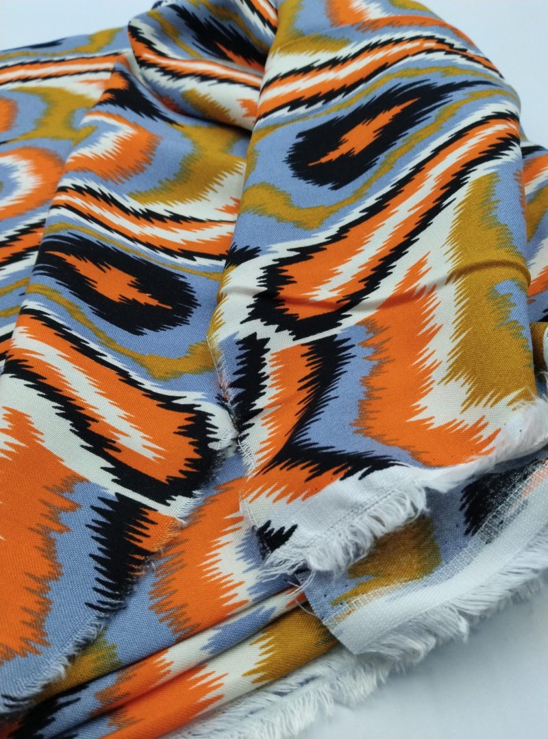 Vibrant Ikat Pattern Cotton Viscose Fabric – Soft, Breathable Material for Dresses, Kimonos, Skirts, Blouses & Shirts | 150x100cm