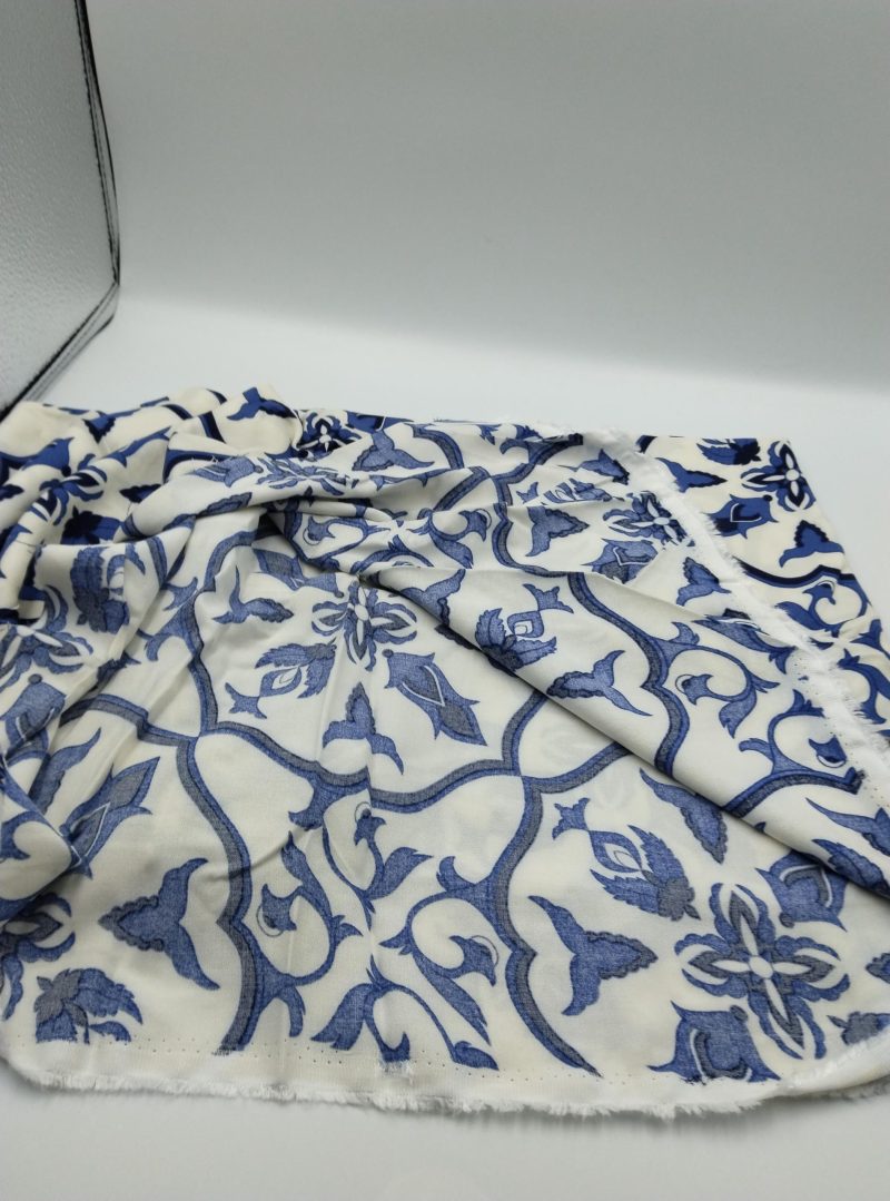 Blue Tile Pattern Cotton Viscose Fabric by the Yard – Soft Lightweight Material for Dresses, Kimonos, Blouses | 59x39 in (150x100 cm)