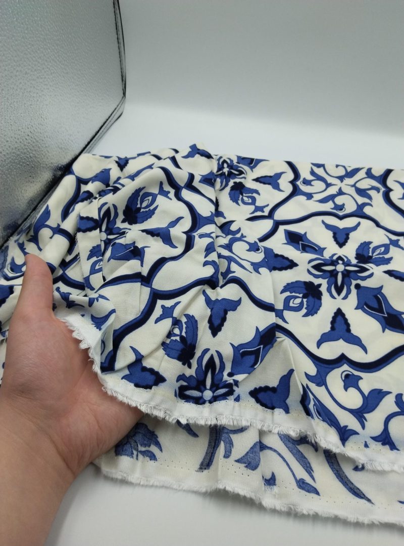 Blue Tile Pattern Cotton Viscose Fabric by the Yard – Soft Lightweight Material for Dresses, Kimonos, Blouses | 59x39 in (150x100 cm)