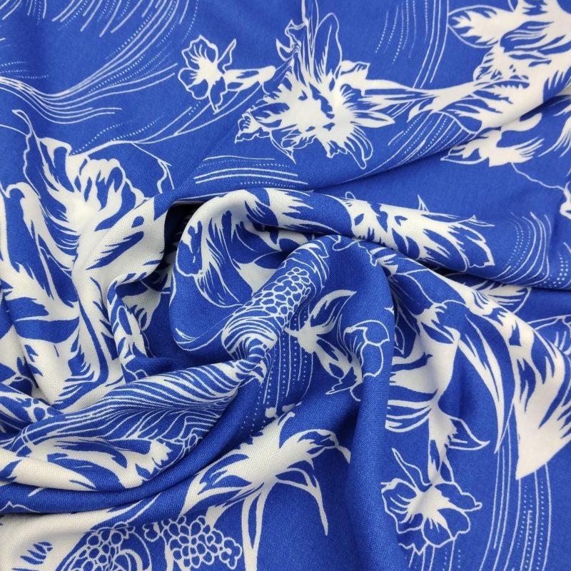 Blue White Floral Cotton Viscose Fabric – Lightweight Soft Material by Yard for Dresses, Blouses, Kimonos | 150x100 cm