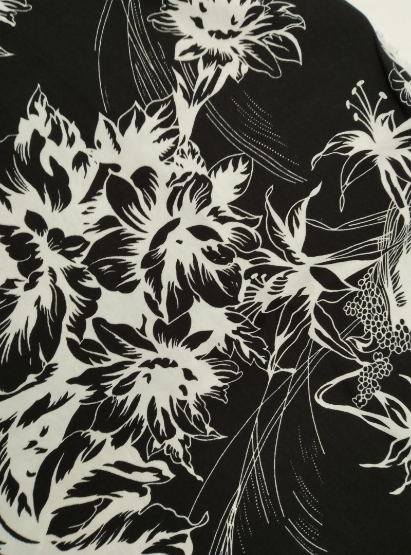 Black White Floral Cotton Viscose Fabric by the Yard – Lightweight Soft Drapey Material for Dresses, Blouses, Skirts | 59x39 in (150x100 cm)