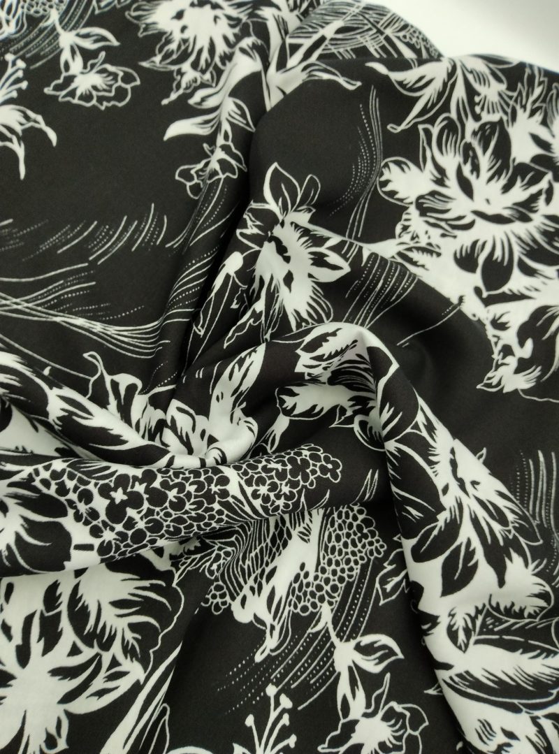 Black White Floral Cotton Viscose Fabric by the Yard – Lightweight Soft Drapey Material for Dresses, Blouses, Skirts | 59x39 in (150x100 cm)