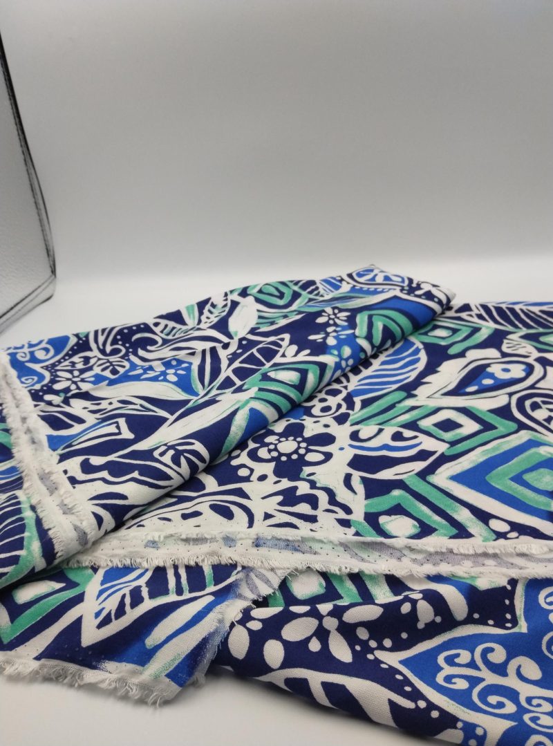 Blue White Patterned Viscose Belmando Fabric by the Yard – Drapey, Soft Silk-Feel Material for Dresses, Kimonos, Blouses | 150x100 cm