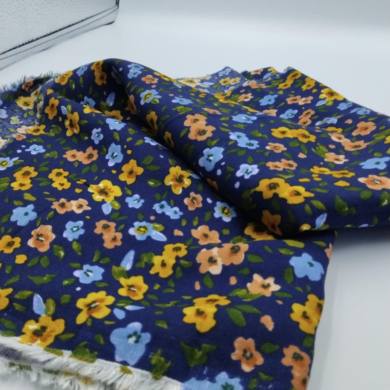 Navy Floral Cotton Viscose Fabric – Lightweight Soft Material for Dresses, Blouses, Skirts & Summer Sewing | 150 cm Width