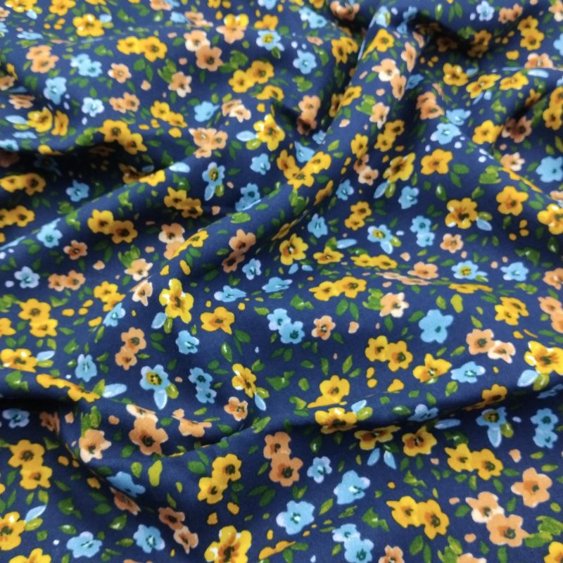 Navy Floral Cotton Viscose Fabric – Lightweight Soft Material for Dresses, Blouses, Skirts & Summer Sewing | 150 cm Width