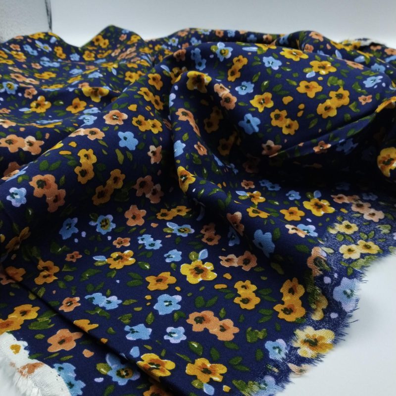 Navy Floral Cotton Viscose Fabric – Lightweight Soft Material for Dresses, Blouses, Skirts & Summer Sewing | 150 cm Width