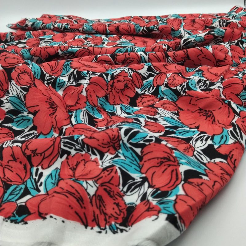 Red Floral Viscose Fabric by the Yard for Dresses, Skirts, Blouses & Shirts – Soft Drapey Cotton Blend | 59x39 in (150x100 cm)